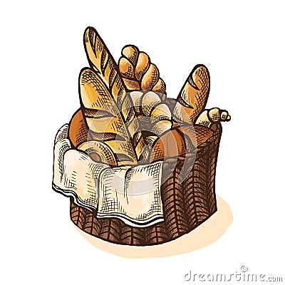 Watercolor Fresh Bread Basket Vector Illustration