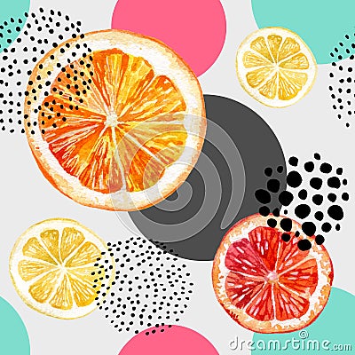 Watercolor fresh orange, grapefruit and colorful circles seamless pattern. Cartoon Illustration
