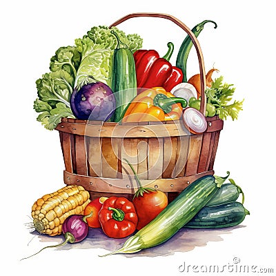 Watercolor Organic Vegetables In Basket Illustration Cartoon Illustration