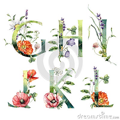 Watercolor frolal alphabet set of G, H, I, J, K, L with wild flowers. Hand painted floral symbols isolated on white Stock Photo