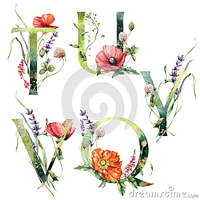 Watercolor frolal alphabet set of Q, T, U, V, Y with wild flowers. Hand painted floral symbols isolated on white Stock Photo