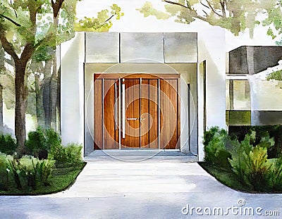 Watercolor of The front entrance of a modern Stock Photo