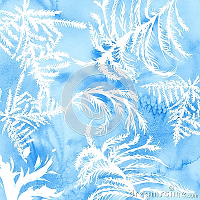 Watercolor frost texture with hand drawn frozen tracery. Blue winter background Stock Photo