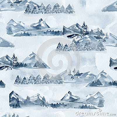 Watercolor frozen mountaine landcape seamless pattern with forest tree on snow texture background Stock Photo