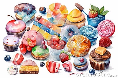 Watercolor Frozen Sweets Clipart. high resolution, Isolate on white Background. Cartoon Illustration