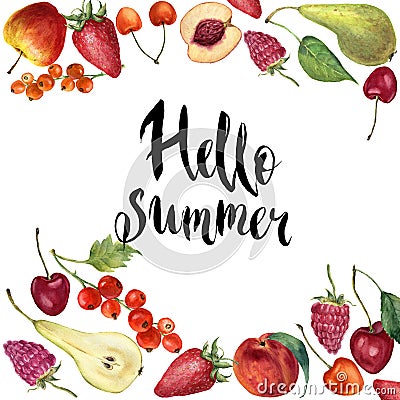 Watercolor fruit frame card. Hand painted border with fruit, berries and lettering Hello summer isolated on white background. Stock Photo