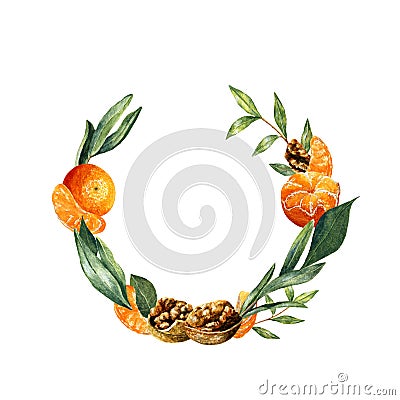Watercolor fruit and greenery wreath. Semi round frame with walnuts, tangerins and leaves Stock Photo
