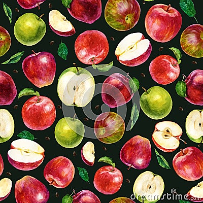 Watercolor fruit pattern. Apples, halves of apples and leaves Cartoon Illustration