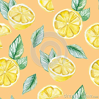 Watercolor fruit pattern lemon, summer print for the textile fabric, wallpaper, poster background, social media template Stock Photo