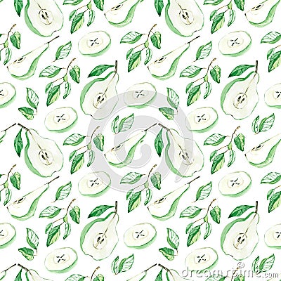 Watercolor fruit pattern pear, summer print for the textile fabric, wallpaper, poster background, social media template Stock Photo