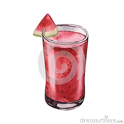 Watercolor fruit smoothie cocktail of watermelon smoothie and slice melon. Hand-drawn illustration isolated on white Cartoon Illustration