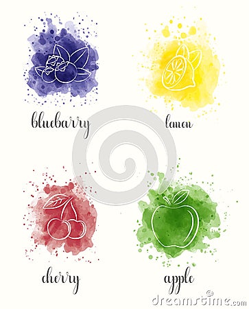 Watercolor fruits, set. Outlines of bluebarry, lemon, cherry and apple. Stock Photo