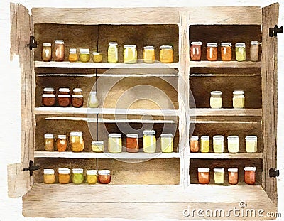 Watercolor of full kitchen pantry food storage Stock Photo