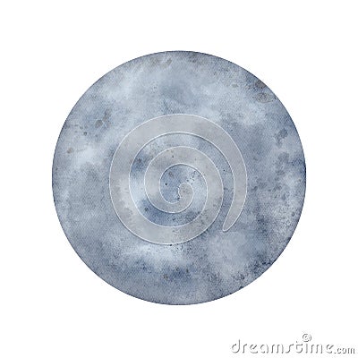 Watercolor full Moon illustration. Mystical dusty blue cosmic round shape isolated on white background. Magic Earth Cartoon Illustration