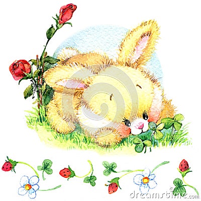 Watercolor Funny bunny. Toy bunny. background for kid. Cartoon Illustration