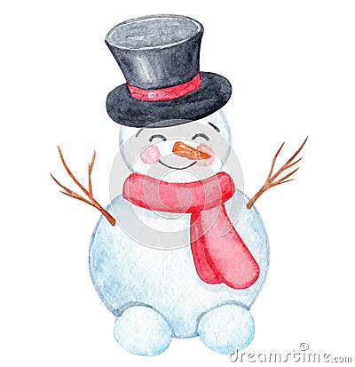 Watercolor funny snowman with black cylinder and red scarf isolated on white Stock Photo