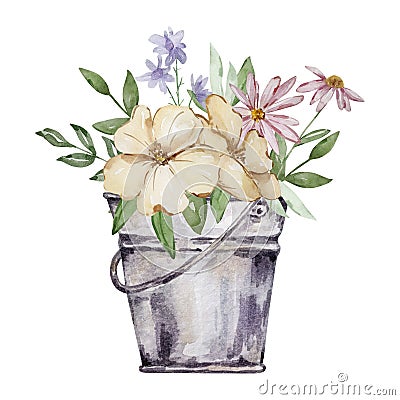 Watercolor garden iron bucket with flowers Stock Photo