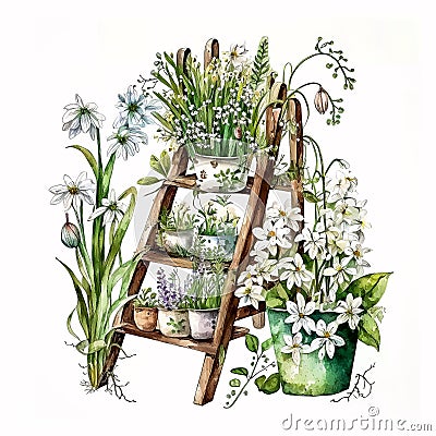 Blooming Beauty: A Watercolor Garden Ladder Filled with Spring Flowers Stock Photo