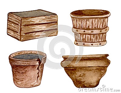 Watercolor garden pots on white background. Brown wooden pots and basket. Gardening clipart Stock Photo