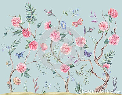 Watercolor garden rose bouquet, blooming tree, Chinoiserie illustration Cartoon Illustration