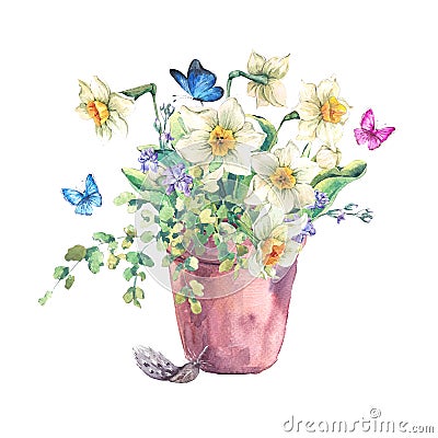 Watercolor Garden Spring bouquet in flower pots Cartoon Illustration