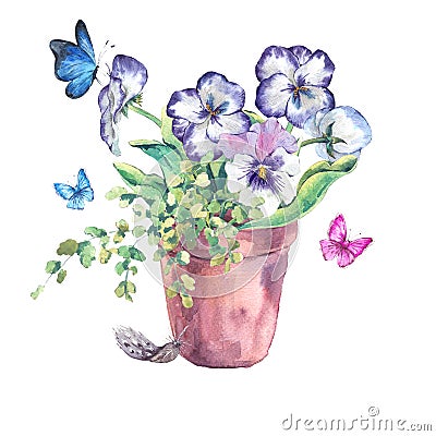 Watercolor Garden Spring bouquet in flower pots Cartoon Illustration
