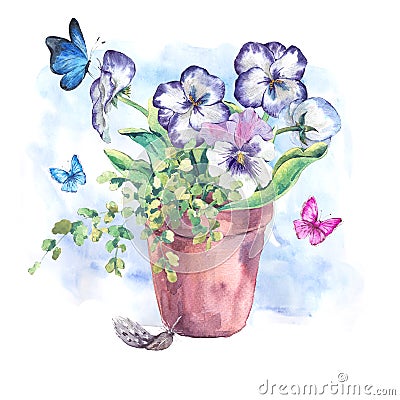 Watercolor Garden Spring bouquet in flower pots Cartoon Illustration