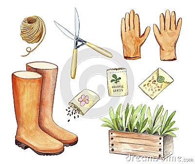 Watercolor garden tools Cartoon Illustration