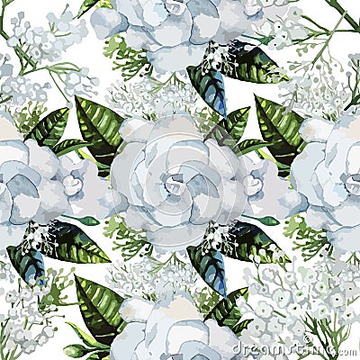 Watercolor gardenia and gypsophila pattern Vector Illustration
