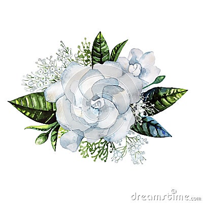 Watercolor gardenia and gypsophila vignette Stock Photo