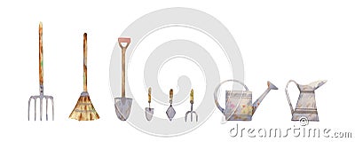 Watercolor gardening instruments collection. Shovel, pitchfork, broom, flower scoop, mini forks for flowers, scoop for weeding Stock Photo