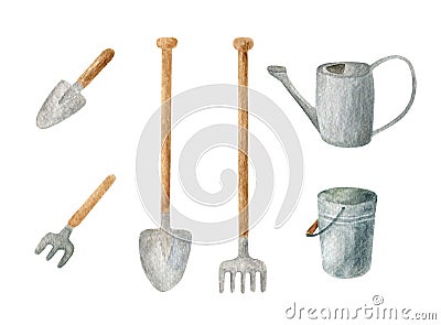 Watercolor gardening tools set. Hand drawn metal watering can, rake, bucket, shovel and trowel isolated on white. Spring Stock Photo