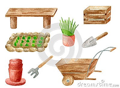 Watercolor gardening tools set. Hand drawn wooden box, shovel, garden bed, seedling in flower pot, bench and wheelbarrow Stock Photo