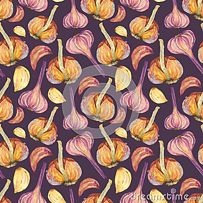 Watercolor garlic on a lilac background Stock Photo