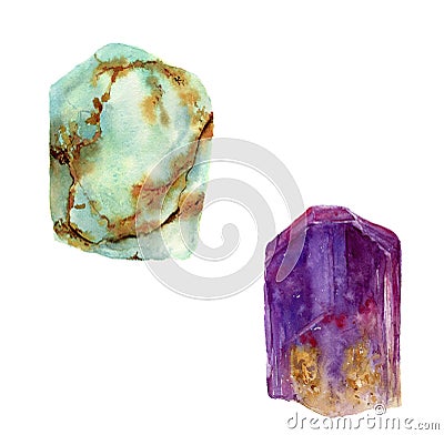 Watercolor gem set. Jade turquoise and amethyst stones isolated Stock Photo