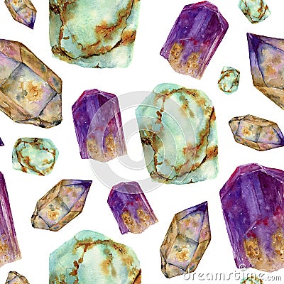 Watercolor gem stones pattern. Jade turquoise, amethyst and rauchtopaz stones seamless ornament isolated on white Stock Photo