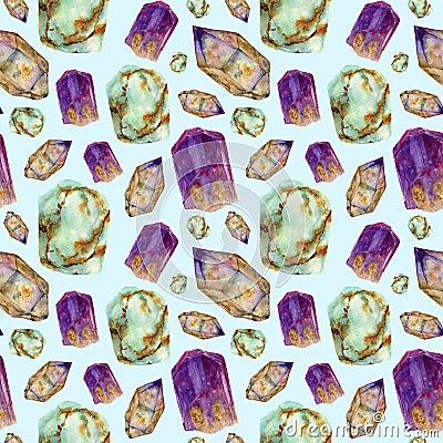 Watercolor gem stones seamless pattern. Jade turquoise, amethyst and rauchtopaz stones ornament isolated on blue Stock Photo