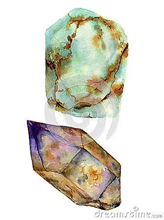 Watercolor gem stones set. Jade turquoise and rauchtopaz stones isolated on white background. For design, prints or Stock Photo