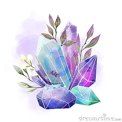 Watercolor gems, crystals and leaves, hand drawn watercolor Vector Illustration