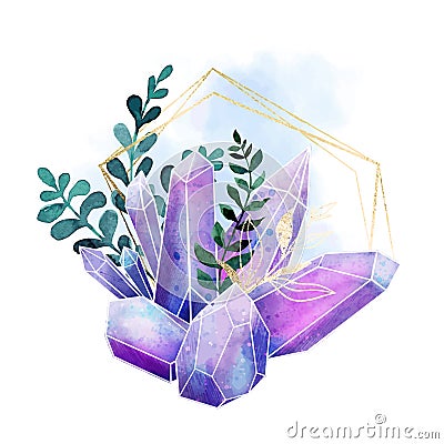 Watercolor gems, crystals and leaves, hand drawn watercolor composition Vector Illustration