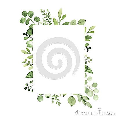 Watercolor geometrical frame with greenery leaves branch twig plant herb flora isolated Cartoon Illustration