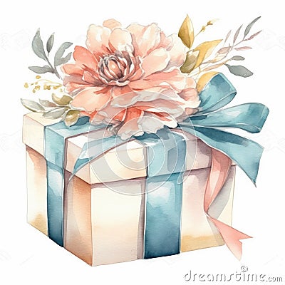 Watercolor gift box with flowers and ribbon Stock Photo