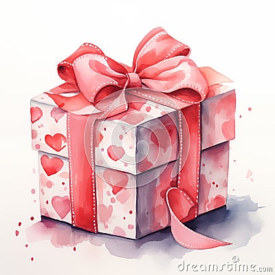 Watercolor gift box with red bow for valentines day Stock Photo
