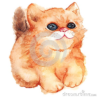 Watercolor cute cartoon fluffy ginger cat vector isolated Vector Illustration