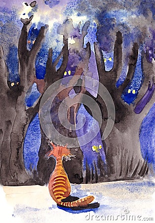 Watercolor ginger striped cat at the edge of a dark forest Cartoon Illustration