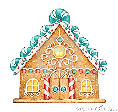 Watercolor gingerbread house with sweets Cartoon Illustration