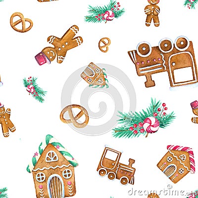 Watercolor gingerbread seamless pattern Stock Photo