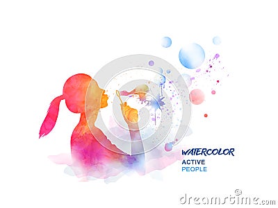 Watercolor girl blowing bubbles Vector Illustration