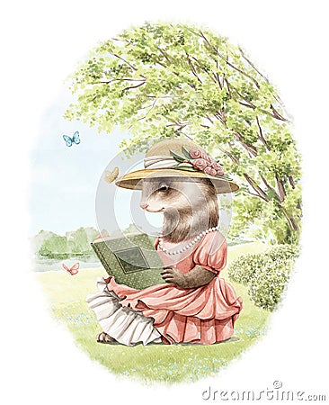 Watercolor cartoon ferret in vintage outfit reading a book in summer green nature Cartoon Illustration