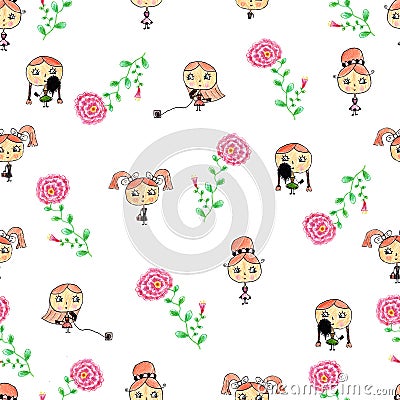 Watercolor girls with flower on white background. Seamless pattern for design. Stock Photo